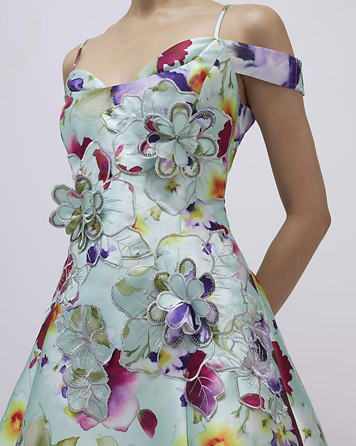 Green 3D Floral Beaded Mini Dress