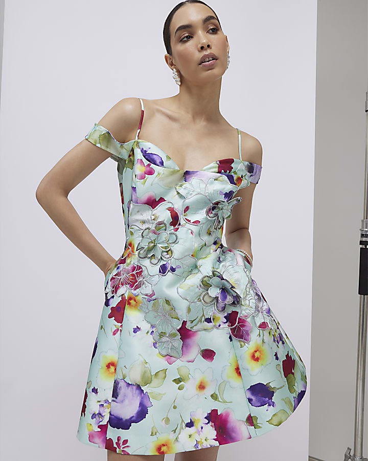 Green 3D Floral Beaded Mini Dress