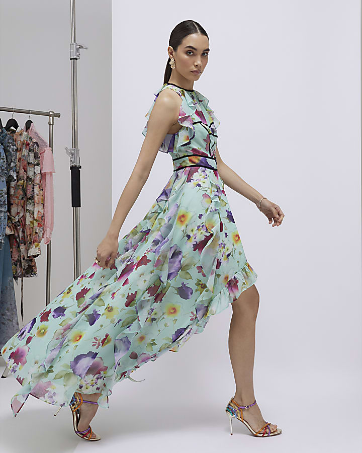 Green Floral Sleeveless Midi Dress