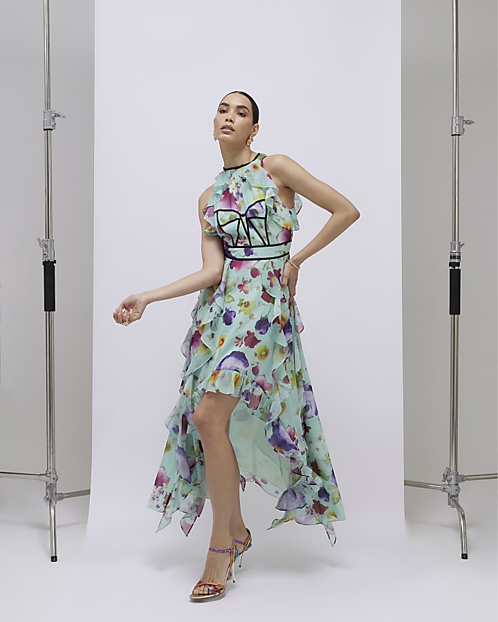 Green Floral Sleeveless Midi Dress