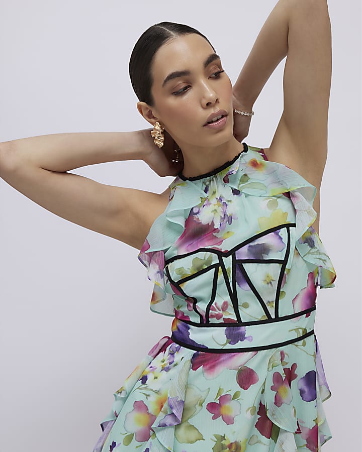 Green Floral Sleeveless Midi Dress