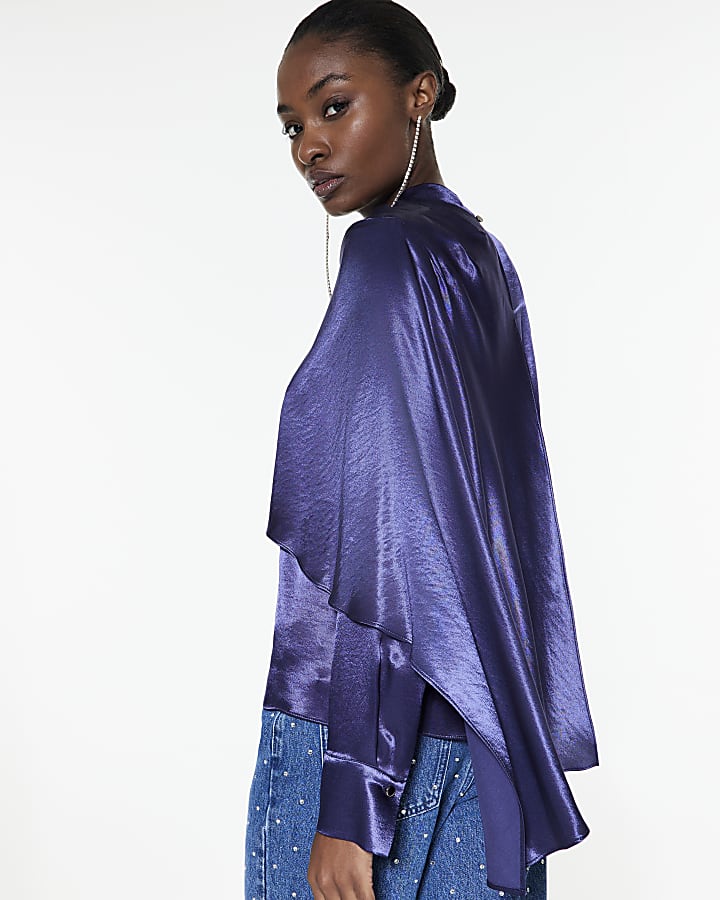 Blue Satin Ruched Cape Detail Blouse
