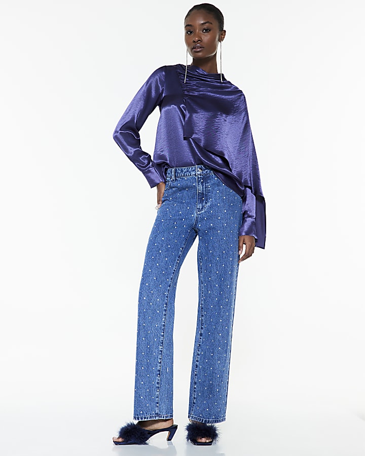 Blue Satin Ruched Cape Detail Blouse