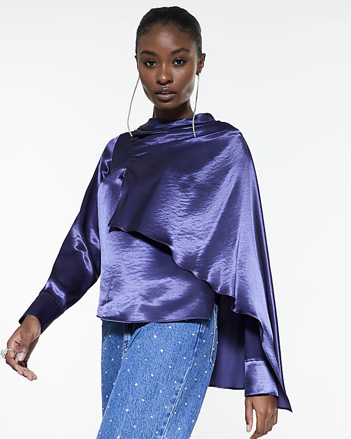 Blue Satin Ruched Cape Detail Blouse