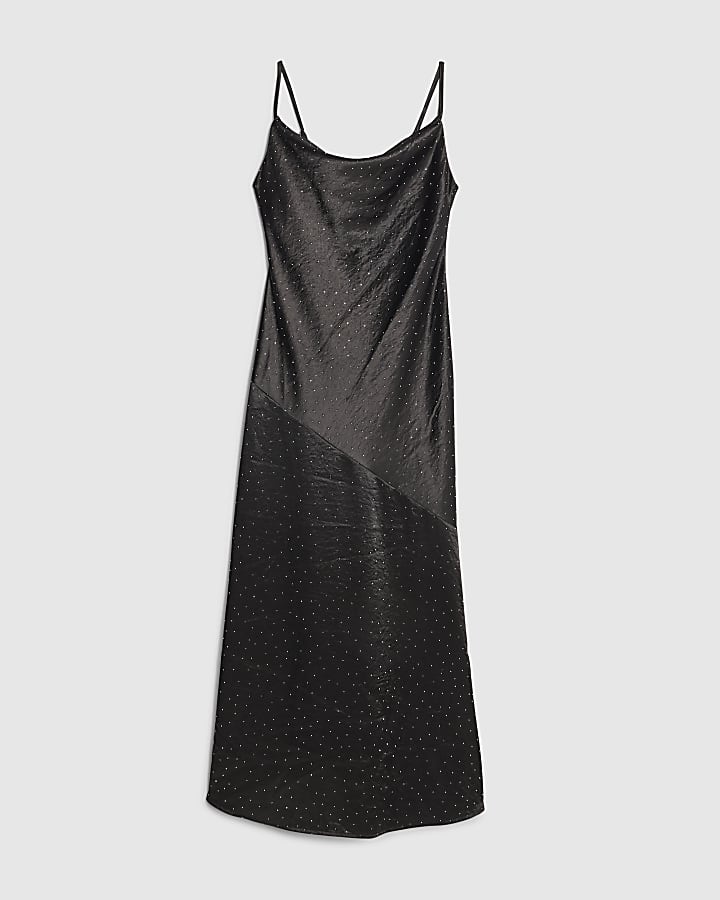 Black Satin Diamante Detail Slip Midi dress