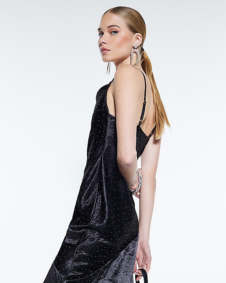 Black Satin Diamante Detail Slip Midi dress