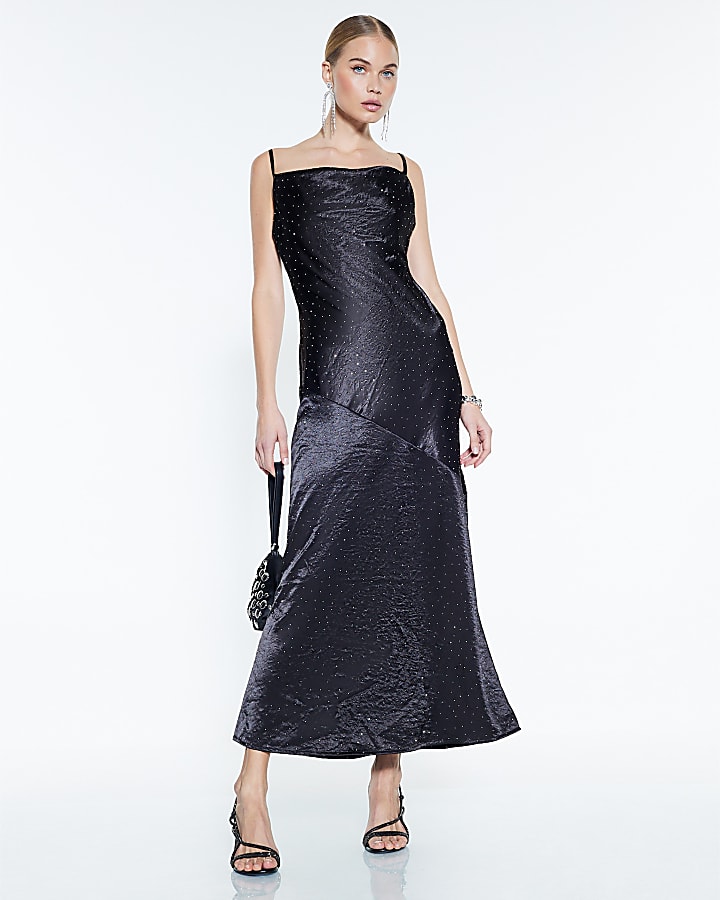Black Satin Diamante Detail Slip Midi dress