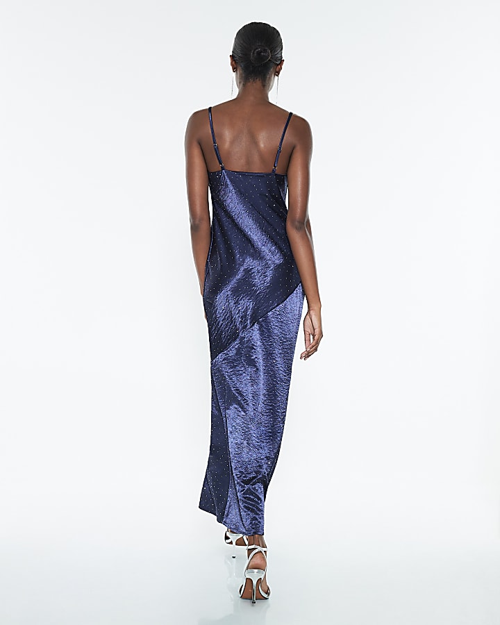 Navy Satin Diamante Detail Slip Midi dress