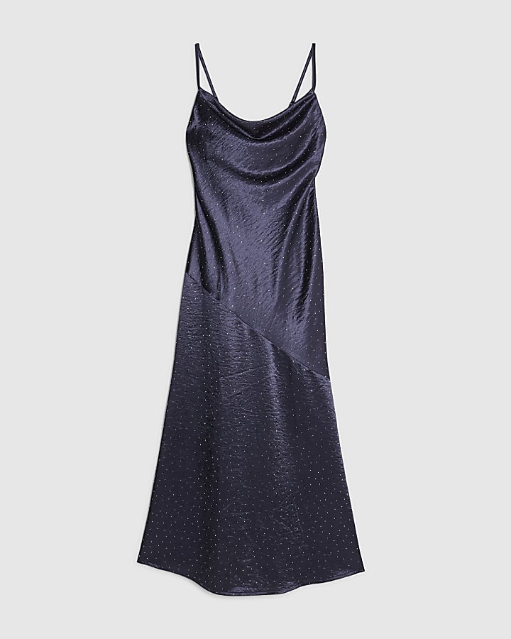 Navy Satin Diamante Detail Slip Midi dress