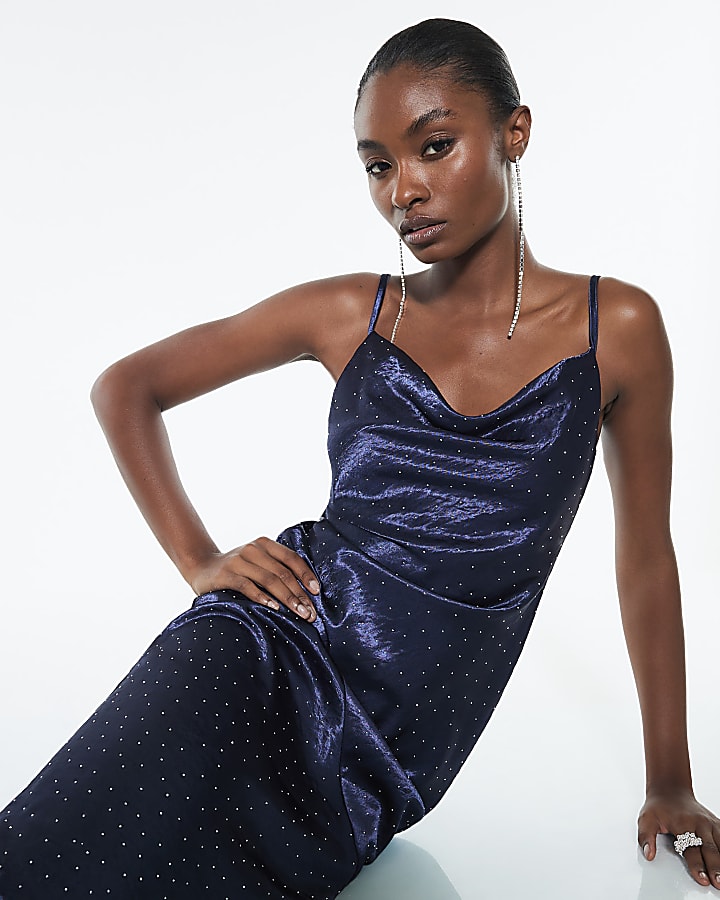 Navy Satin Diamante Detail Slip Midi dress