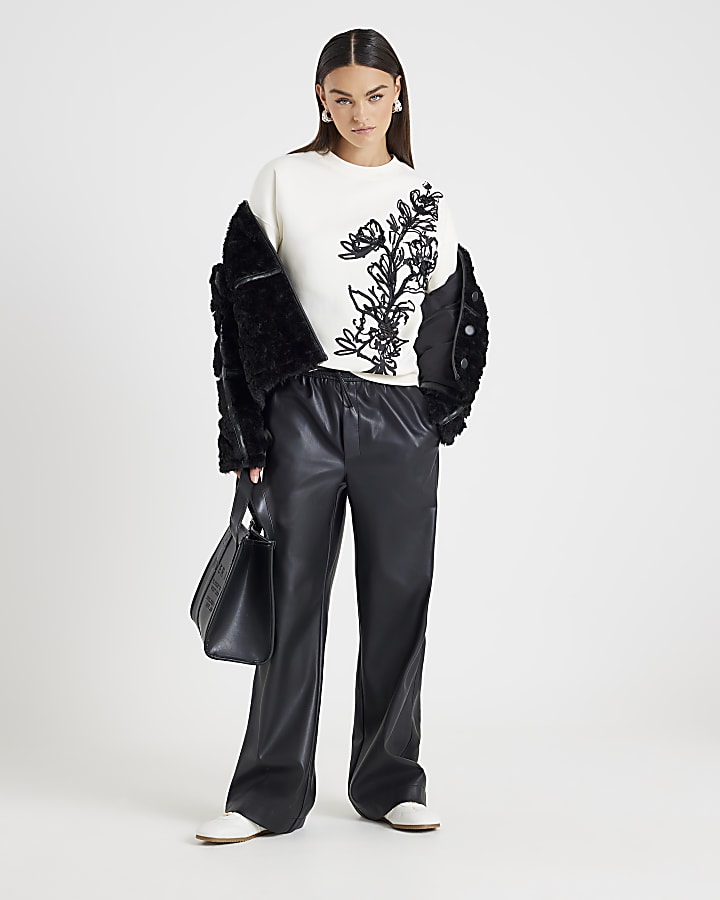 Cream Long Sleeve Floral Applique Sweatshirt