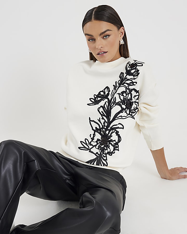 Cream Long Sleeve Floral Applique Sweatshirt