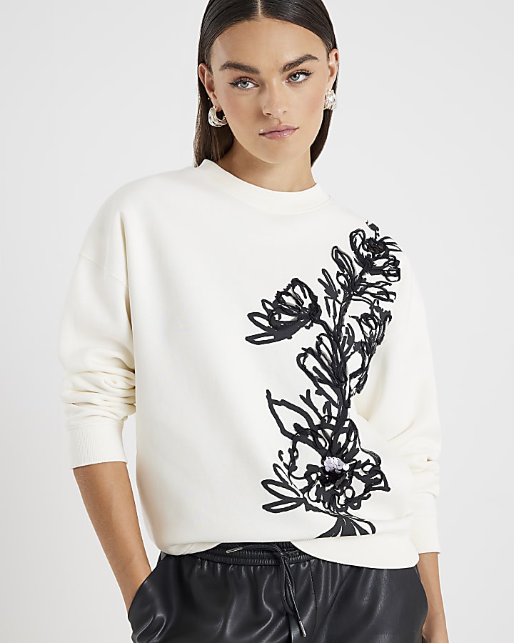 Cream Long Sleeve Floral Applique Sweatshirt