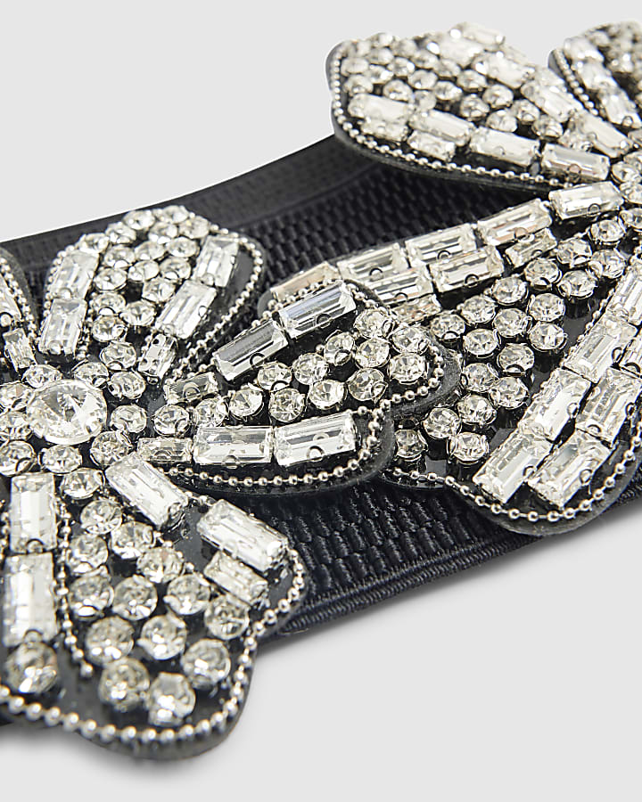 Black 3D Diamante Flower Belt