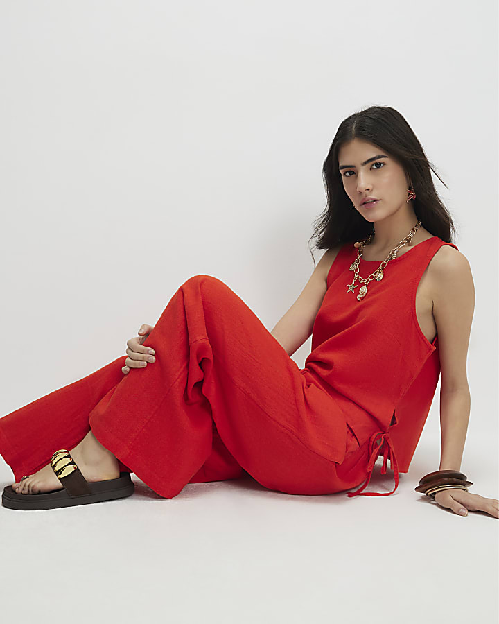 Petite Red Linen Trousers