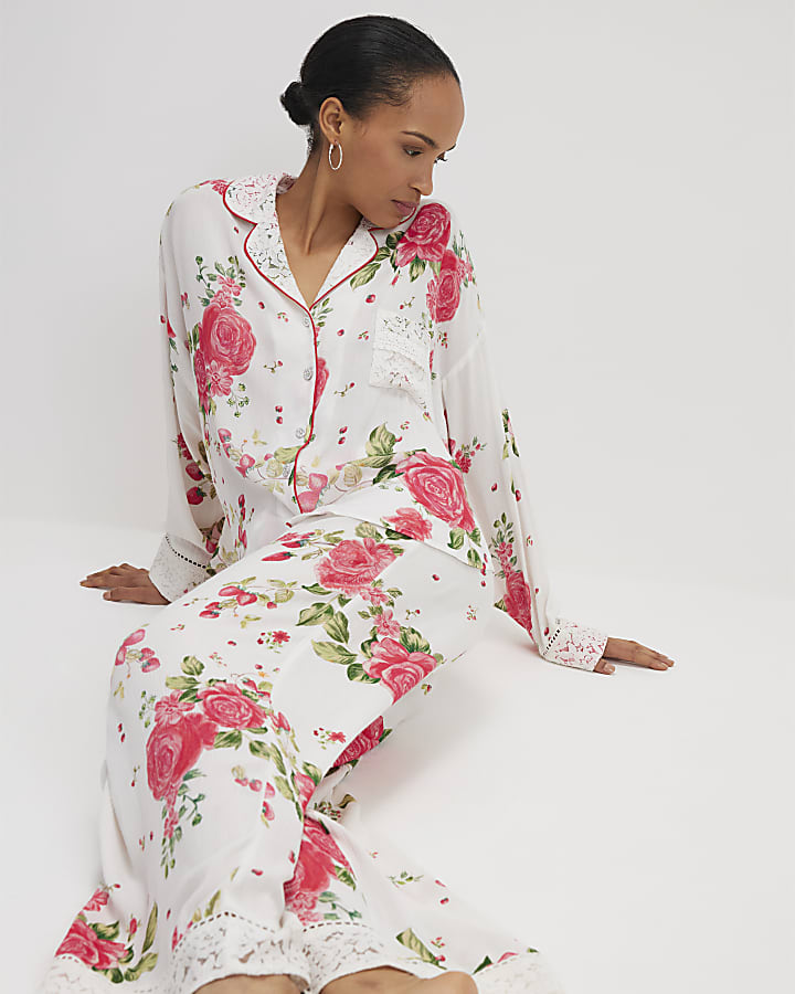 Red Floral Shirt and Trousers Pyjama Set