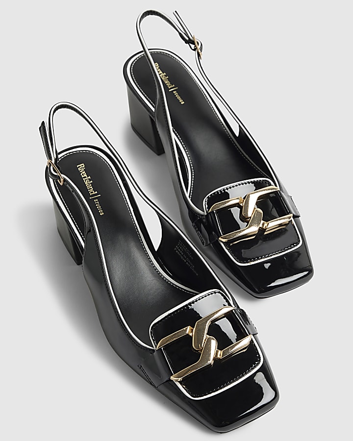 Black Buckle Loafer Court Slingback Heels