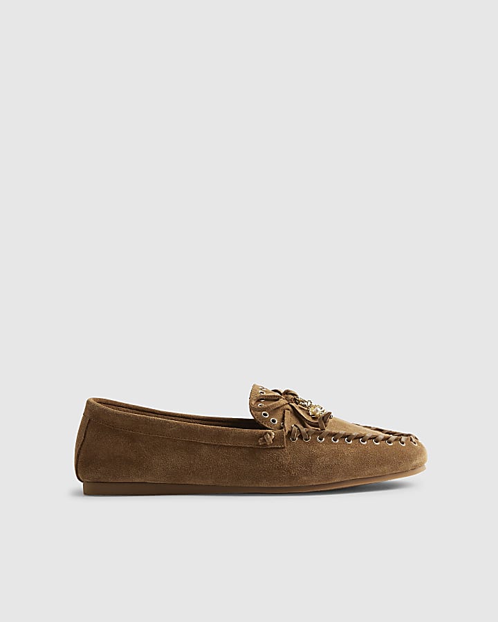 Brown Suede Eyelet Loafers