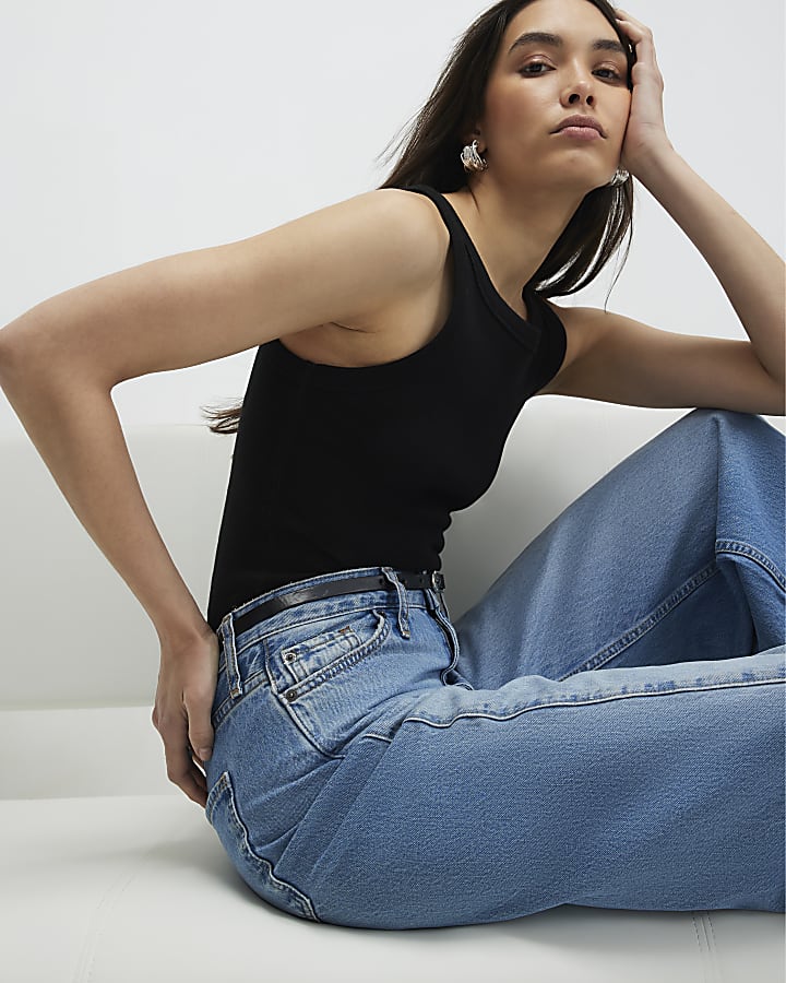 Black Sleeveless Ribbed Tank Top