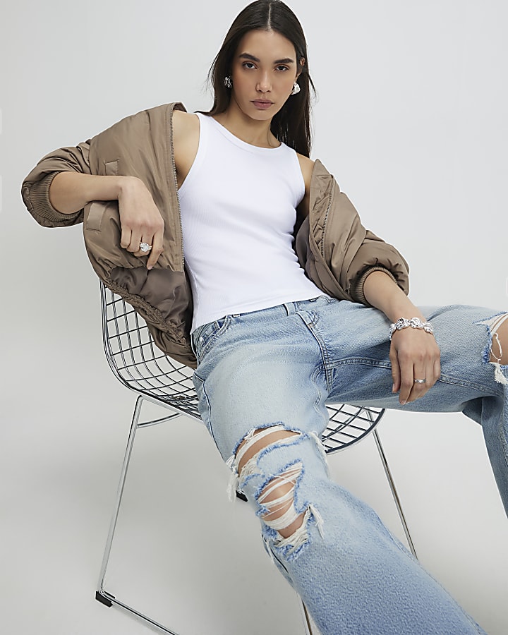 White Sleeveless Ribbed Tank Top