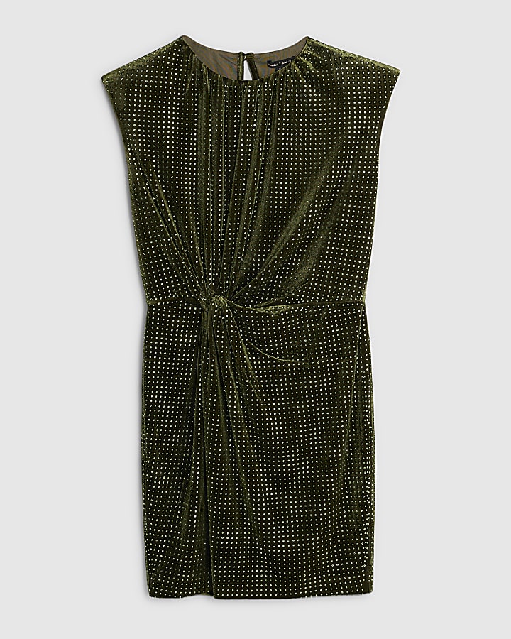 Green Velvet Diamante Twist Mini Dress