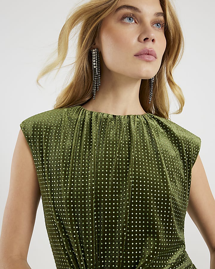 Green Velvet Diamante Twist Mini Dress