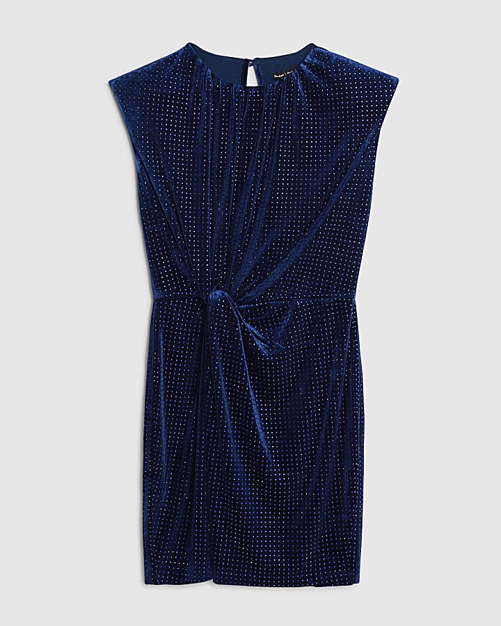 Navy Velvet Diamante Twist Mini Dress