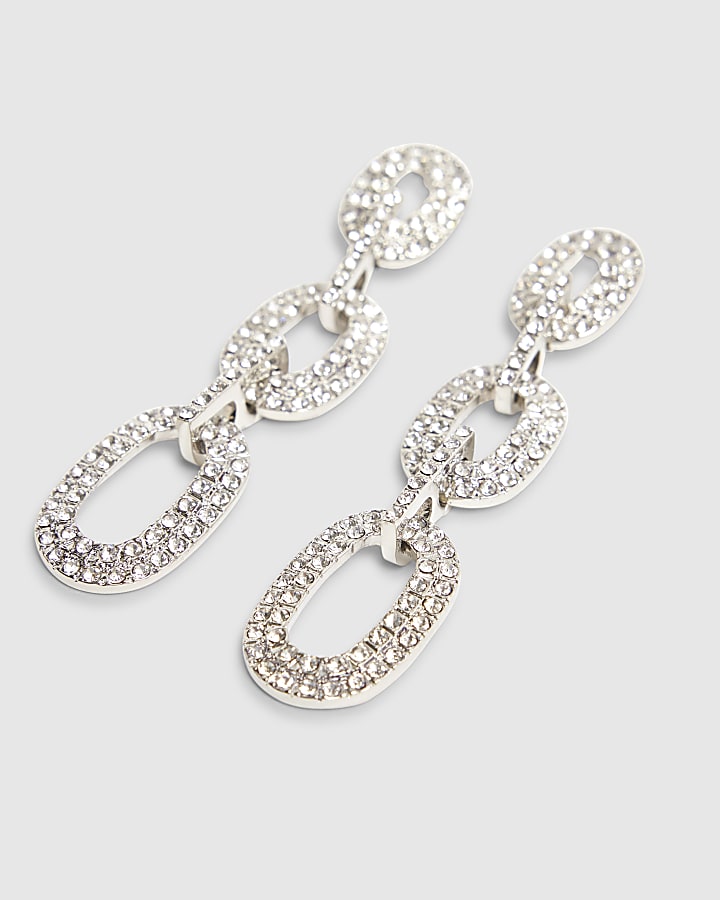 Silver Diamante Oval Drop Earrings
