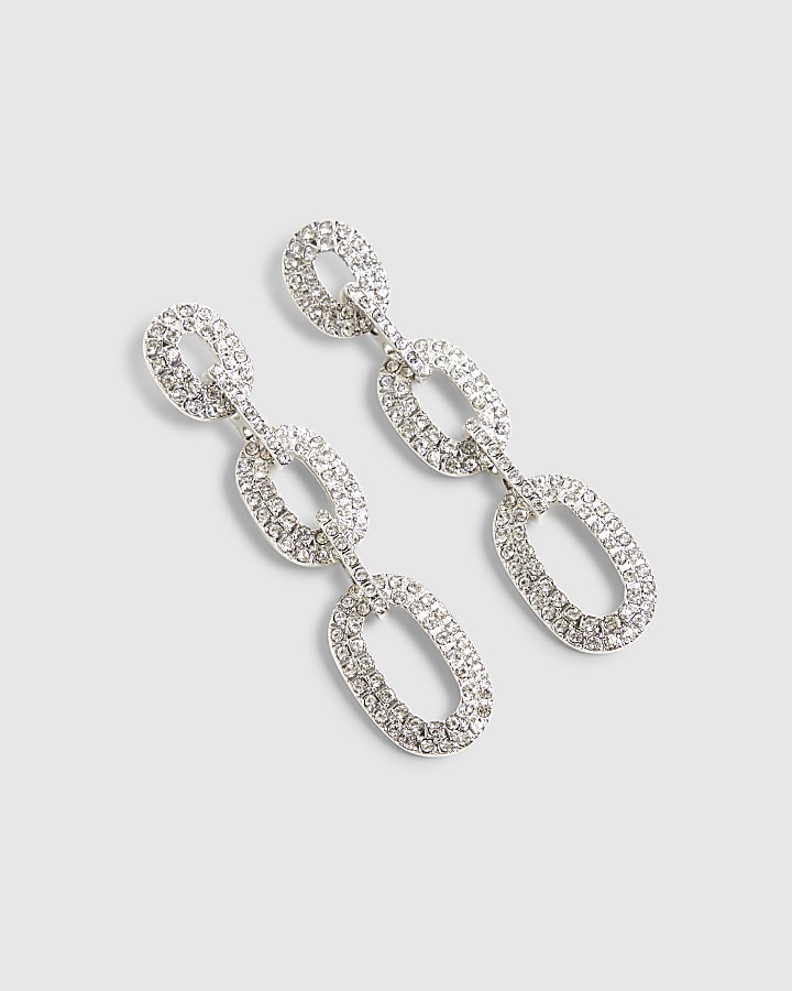 Silver Diamante Oval Drop Earrings