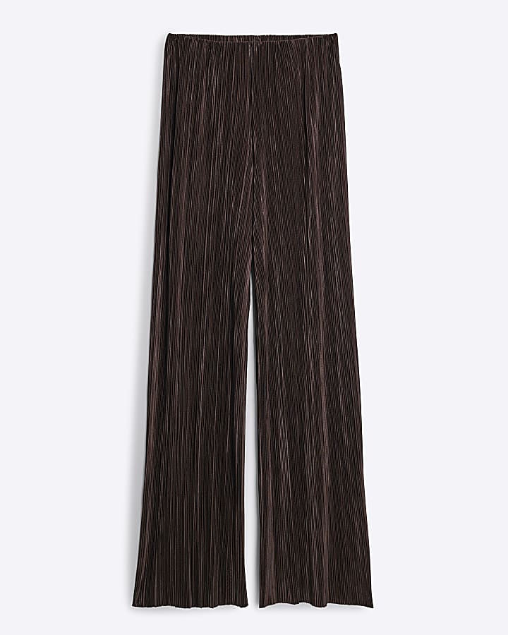 Brown Plisse Wide Leg Trousers