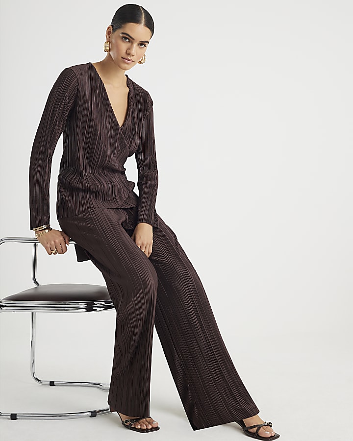 Brown Plisse Wide Leg Trousers