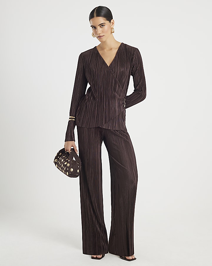 Brown Plisse Wide Leg Trousers