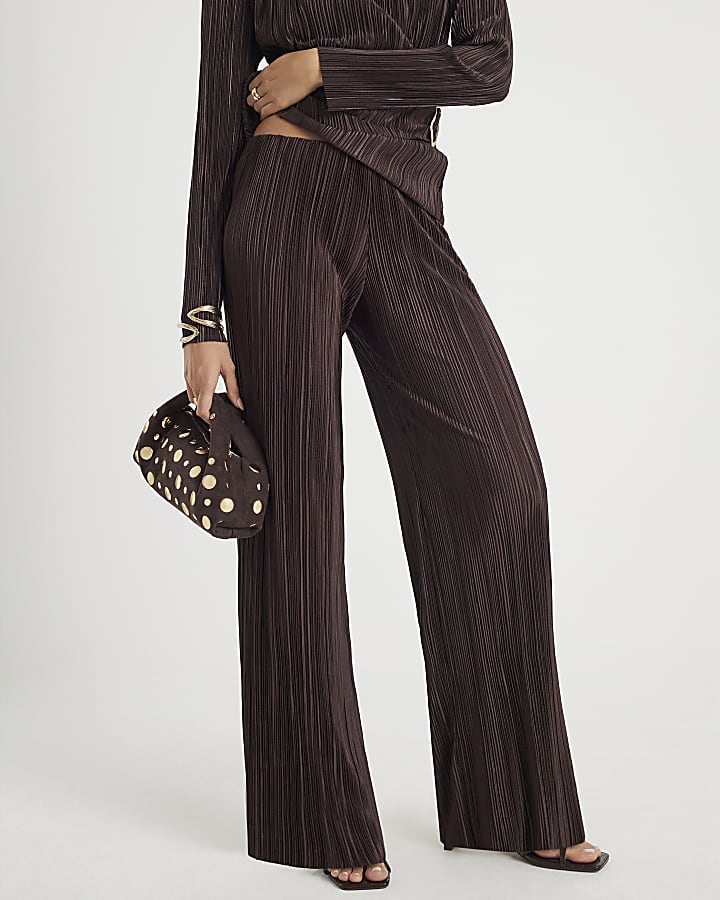 Brown Plisse Wide Leg Trousers