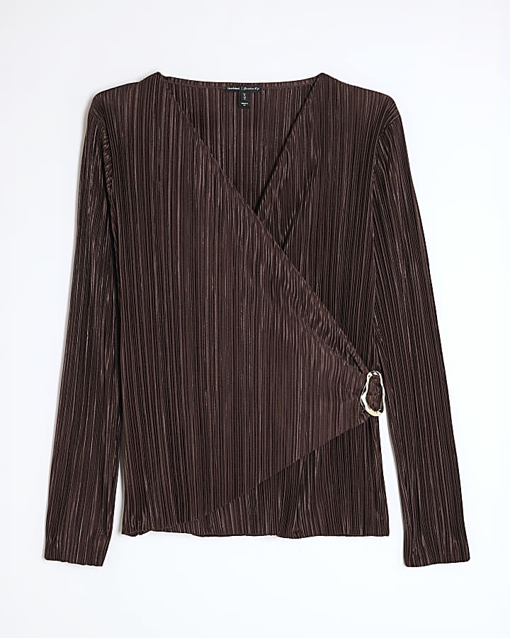 Brown Long Sleeve Plisse Wrap Top