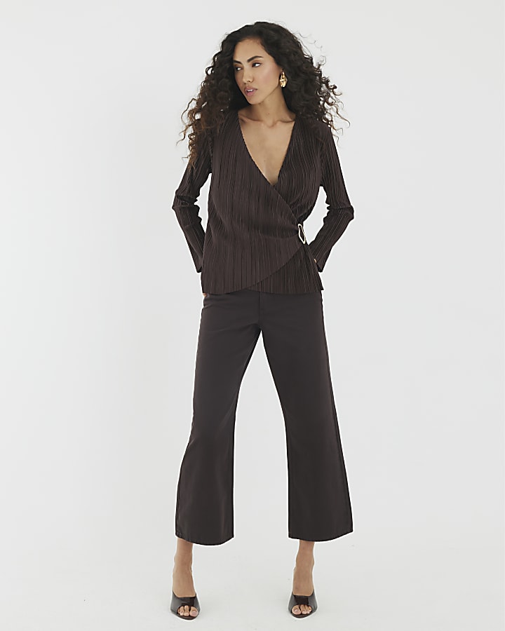 Brown Long Sleeve Plisse Wrap Top