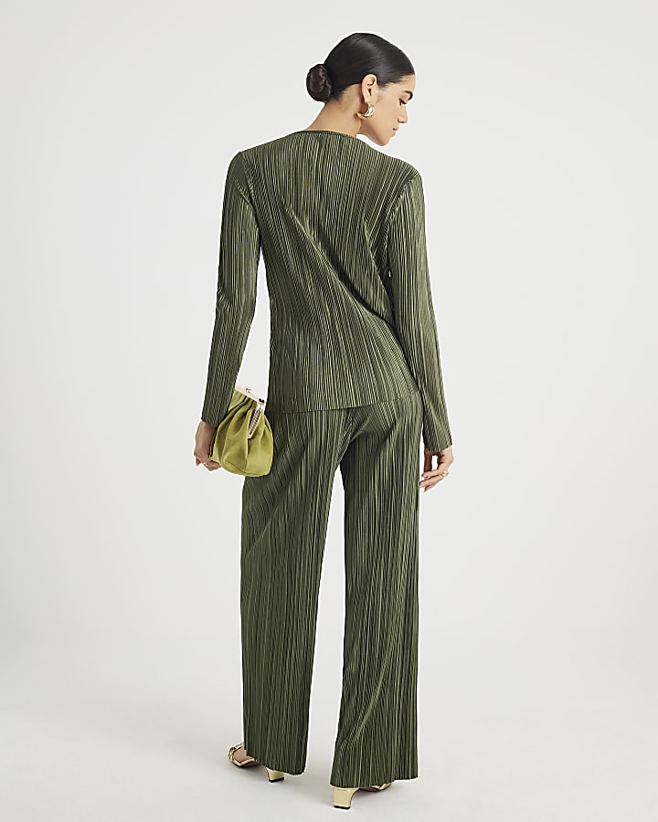 Khaki Plisse Wide Leg Trousers