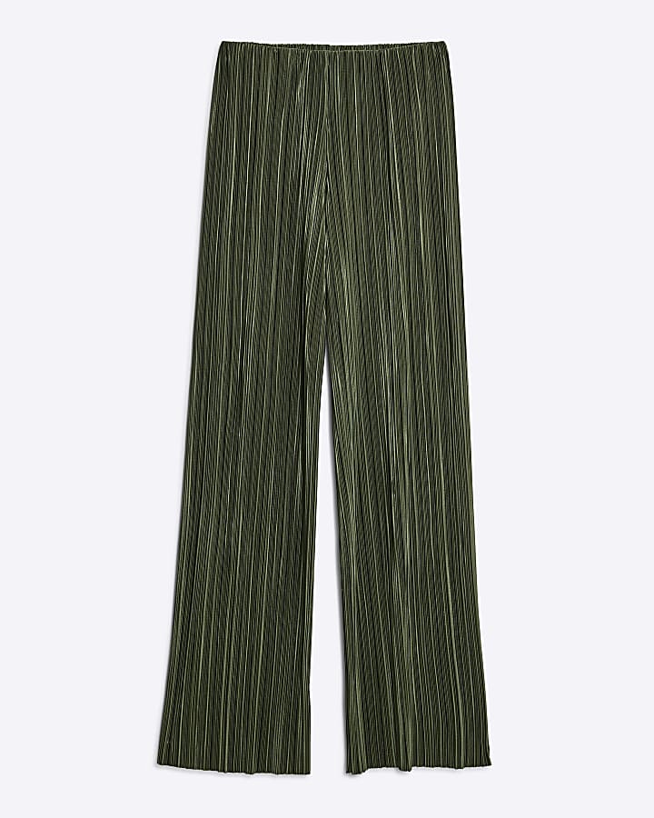 Khaki Plisse Wide Leg Trousers