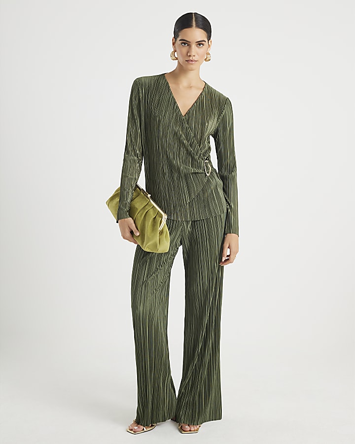 Khaki Plisse Wide Leg Trousers