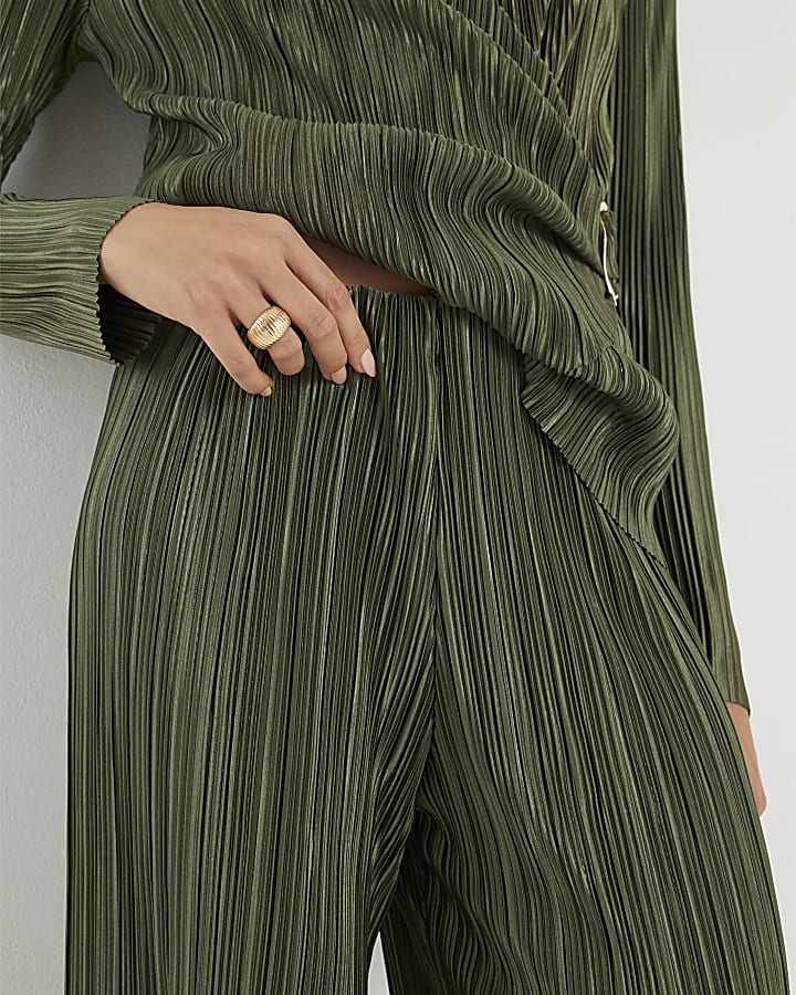 Khaki Plisse Wide Leg Trousers