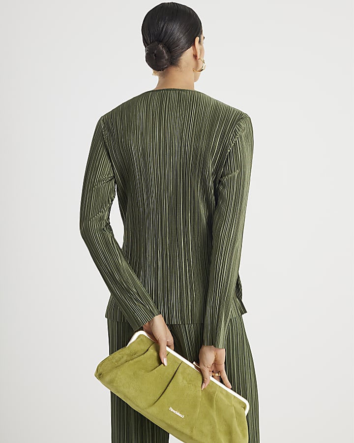 Khaki Long Sleeve Plisse Wrap Top