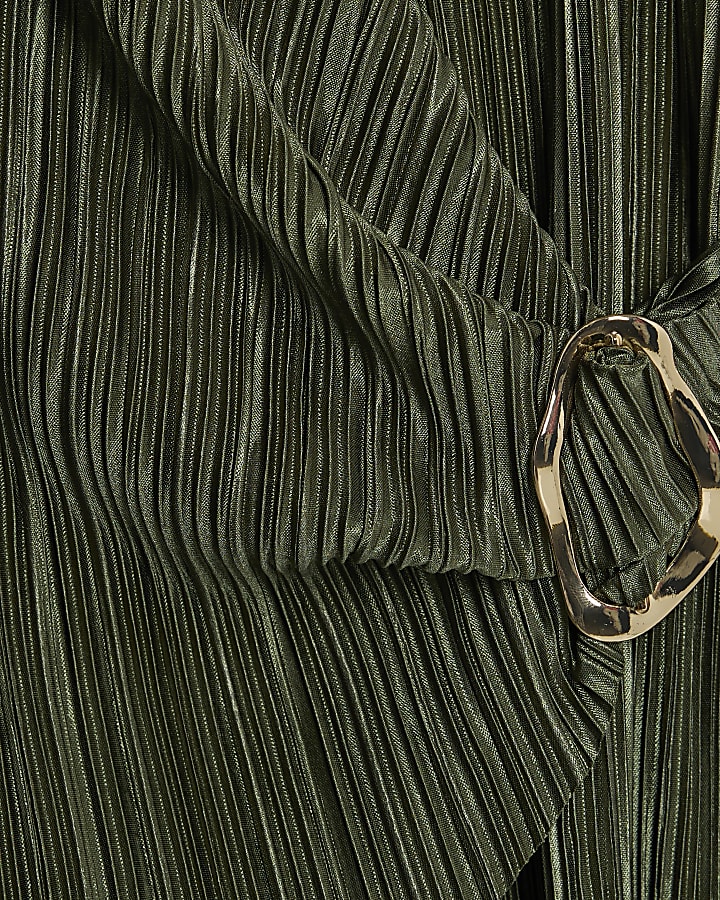 Khaki Long Sleeve Plisse Wrap Top