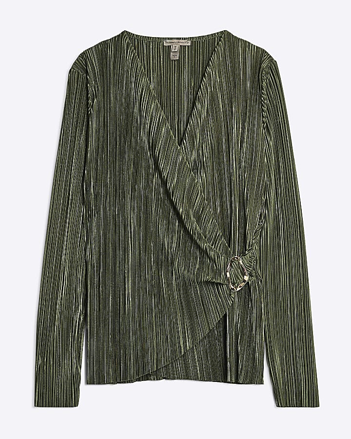Khaki Long Sleeve Plisse Wrap Top