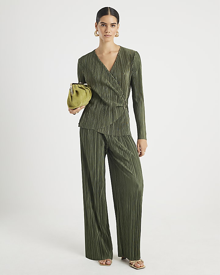 Khaki Long Sleeve Plisse Wrap Top