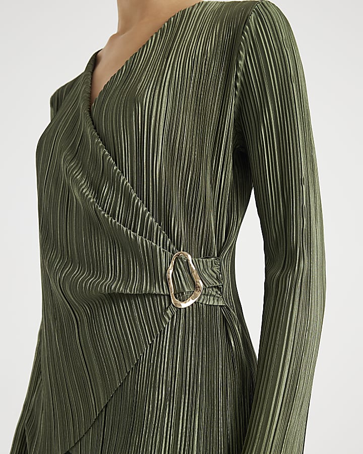 Khaki Long Sleeve Plisse Wrap Top