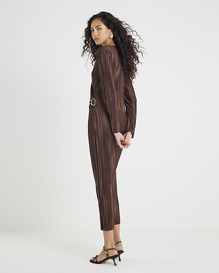 Brown Plisse Long Sleeve Wrap Midi Dress