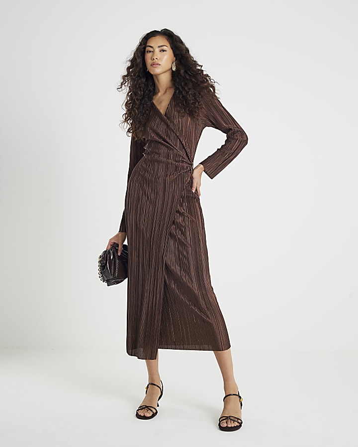 Brown Plisse Long Sleeve Wrap Midi Dress