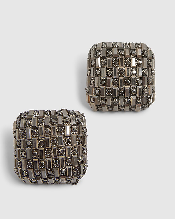 Black Square Embellished Stud Earrings