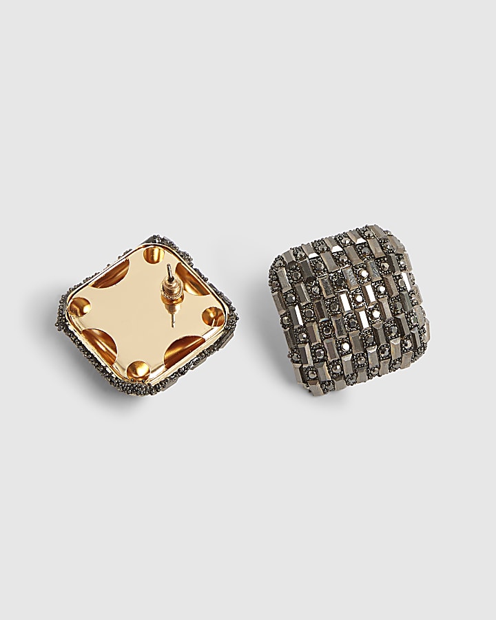 Black Square Embellished Stud Earrings