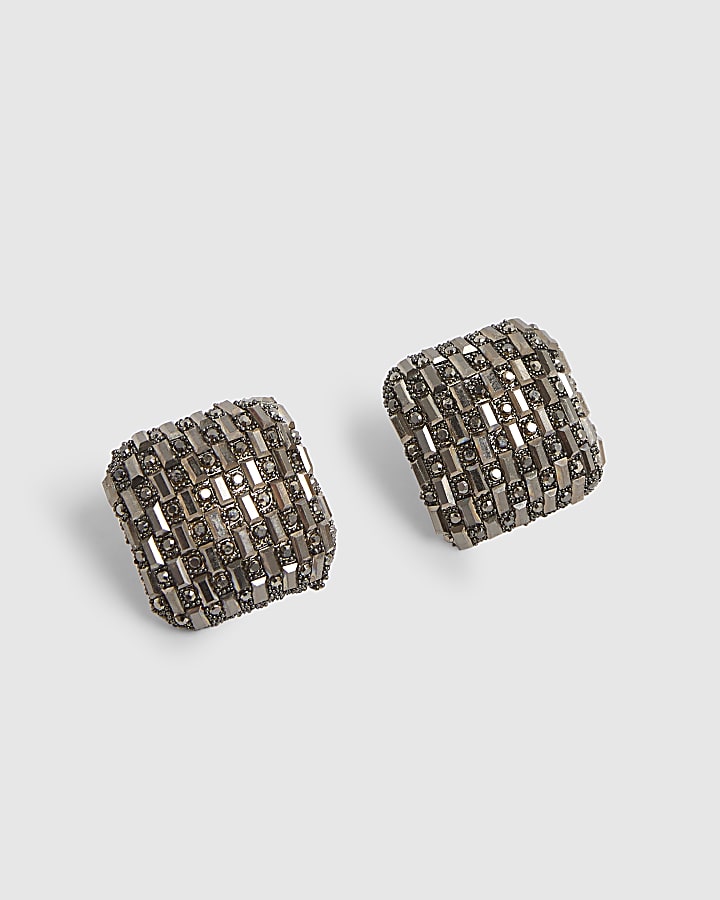 Black Square Embellished Stud Earrings