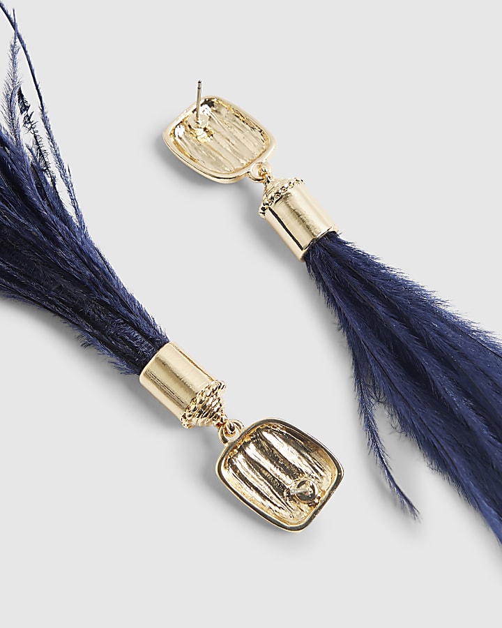 Beige Blue Feather Drop Earrings